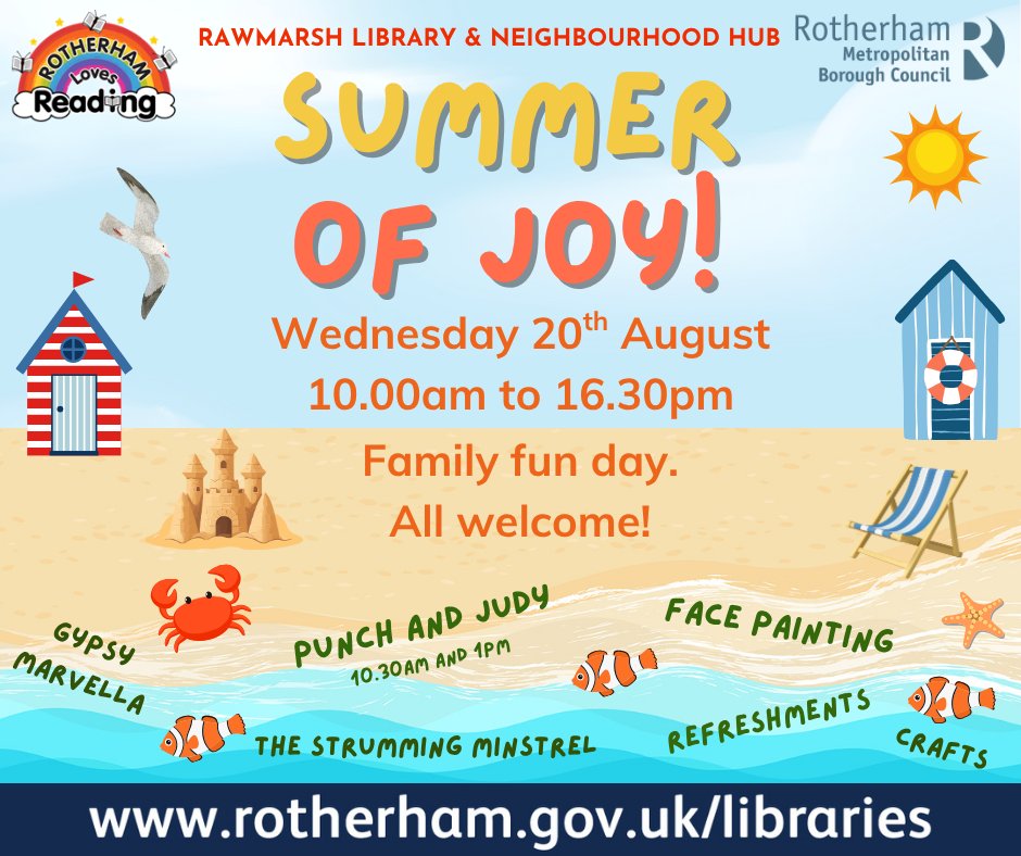 RothLibraries's tweet image. Summer of Fun Day at Rawmarsh Library and Neighbourhood Hub – Wednesday 20th August 10.00am to 16.30pm.
This fun day is to celebrate our dear friend and colleague JOY, who sadly passed away last year and made possible by donations given in her honour.