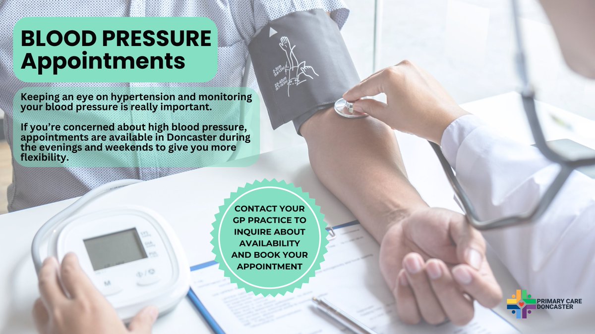 GPFedDoncaster's tweet image. Monitoring your blood pressure is a simple yet crucial step in maintaining your health. ❤️🩺

Blood pressure checks are available in the evenings and weekends, so you can keep your health in check even when juggling a busy schedule. 

Call your GP Practice to book an appointment.