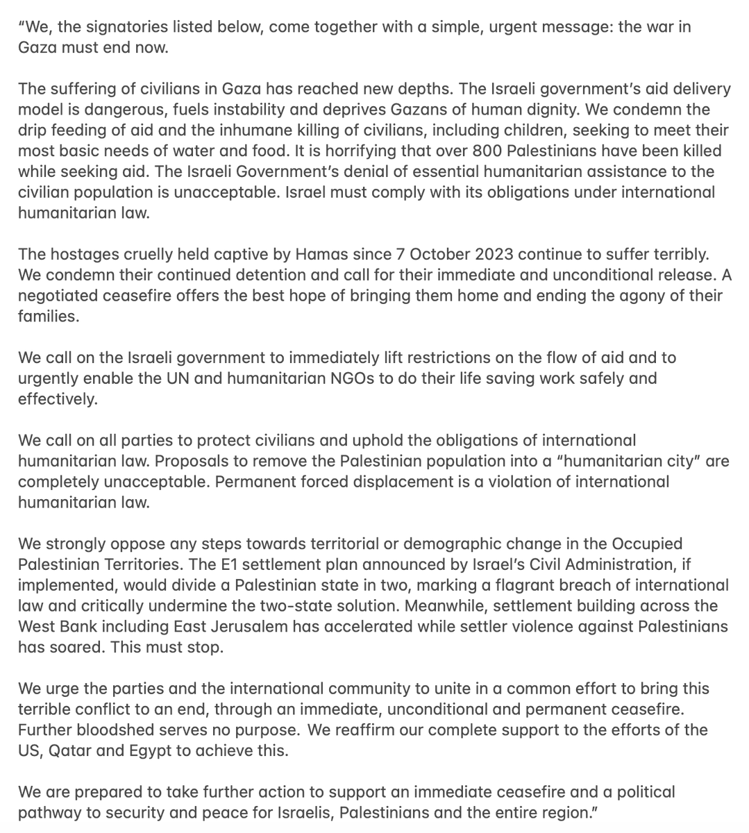 prem_thakker's tweet image. Nations slam Israel's killing of people seeking aid
Australia, Austria, Belgium, Canada, Denmark, Estonia, Finland, France, Iceland, Ireland, Italy, Japan, Latvia, Lithuania, Luxembourg, Netherlands, New Zealand, Norway, Poland, Portugal, Slovenia, Spain, Sweden, Switzerland, UK