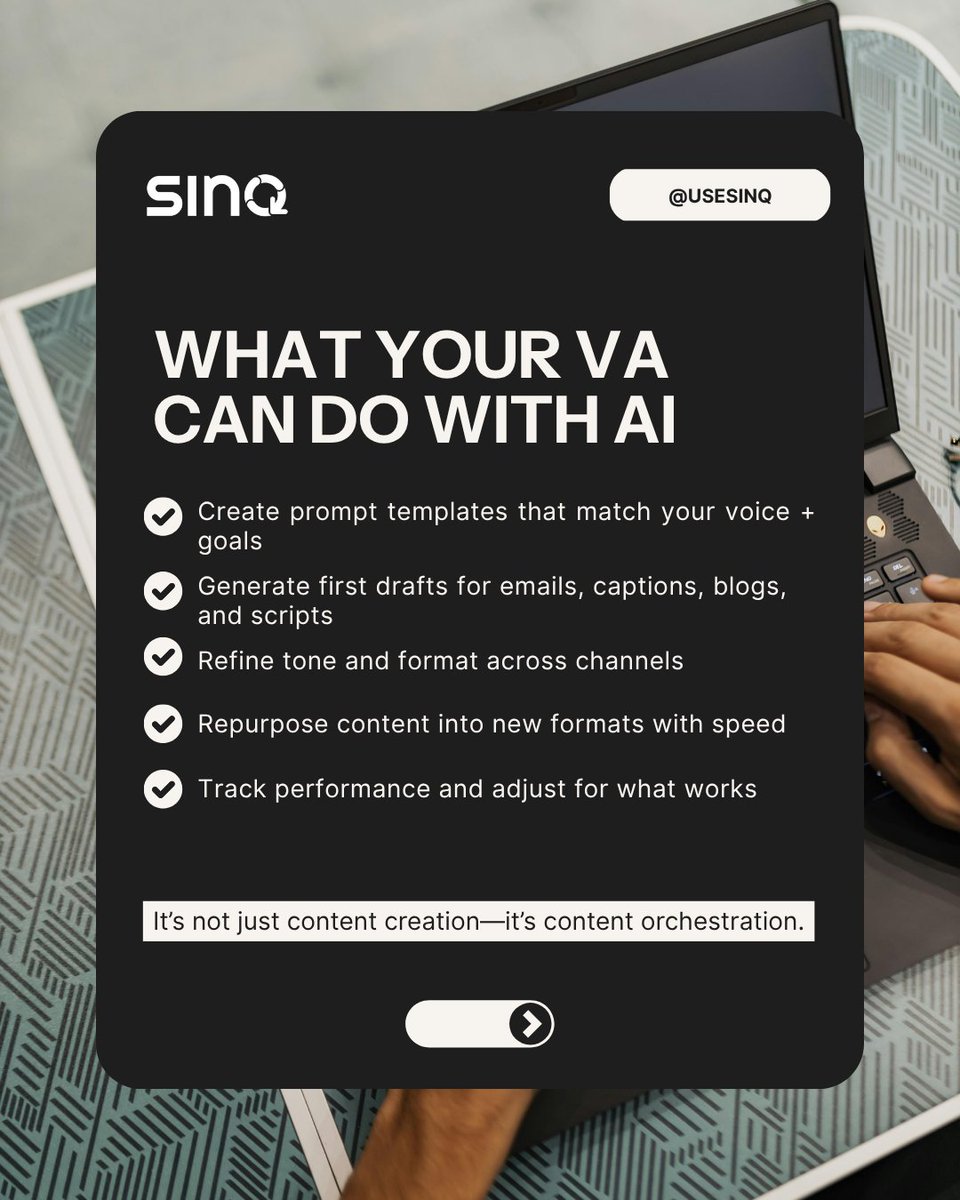 usesinq's tweet photo. Creating content with AI?
Let your VA run the prompts—so you can stay focused on the message.

📩 DM “PROMPT” to scale your content without burning out.
#UseSINQ #AIContent #VirtualAssistant #PromptSupport #SmartDelegation https://t.co/iDDnJqC4cT