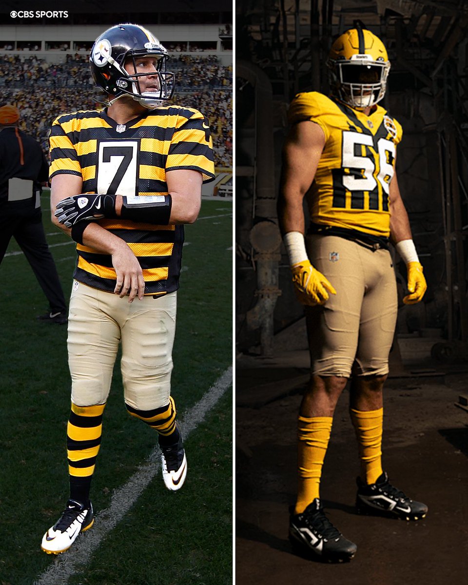 NFLonCBS's tweet image. Which recent Steelers throwback jersey do you prefer? 👀
The Bumblebees or The 1933 Uniforms?🤔