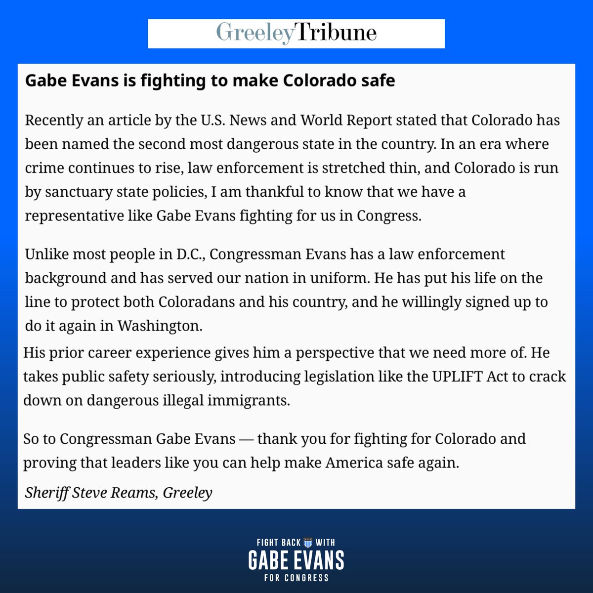 GabeforColorado's tweet image. Thank you Weld County Sheriff Reams! Cracking down on fentanyl and illegal gangs like Tren de Aragua is how we make Colorado a safer place to live, work, and raise a family.