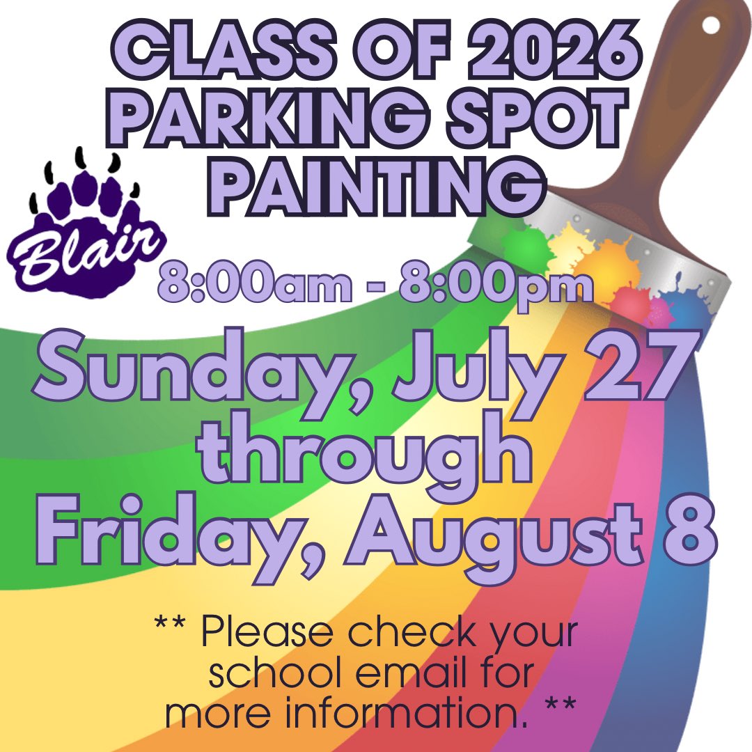 Class of 2026, it’s almost time to paint! Please check your school email and review the instructions for painting your spot!
