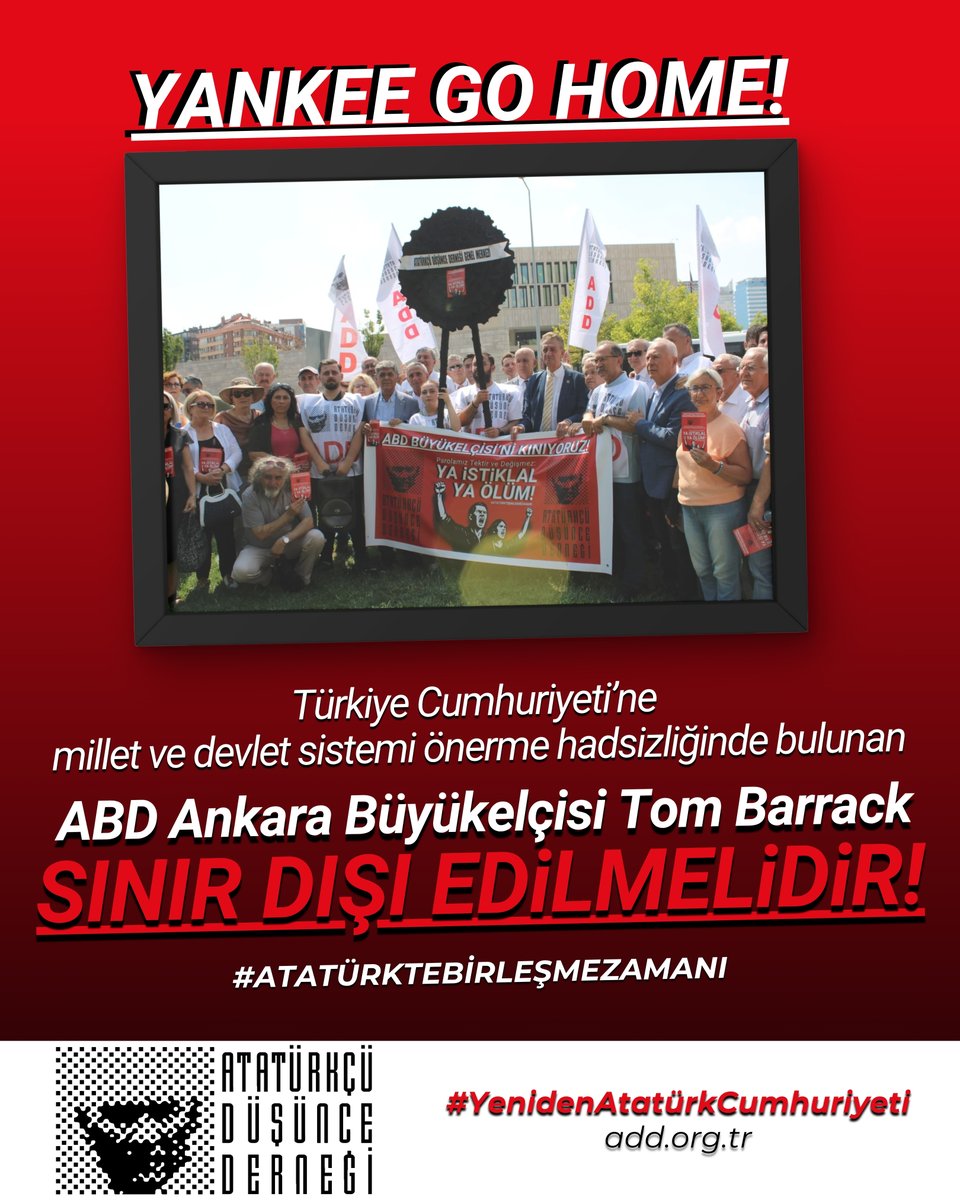 YANKEE GO HOME!

Türkiye Cumhuriyeti’ne millet ve devlet sistemi önerme hadsizliğinde bulunan ABD Ankara Büyükelçisi Tom Barrack SINIR DIŞI EDİLMELİDİR!

#ATATÜRKTEBİRLEŞMEZAMANI