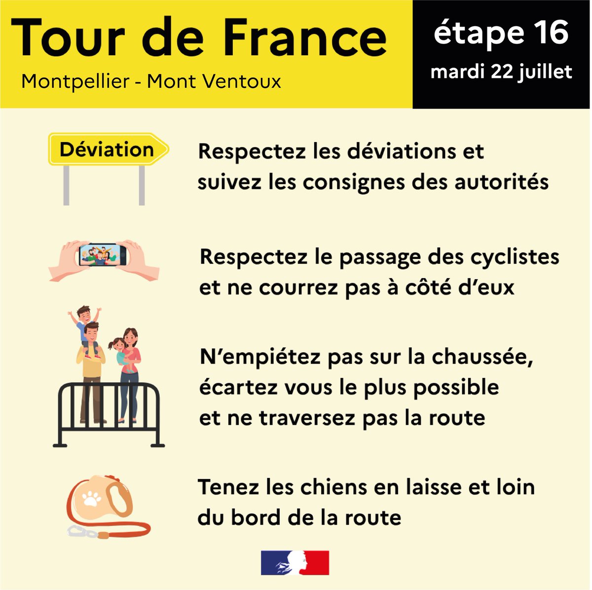 Prefet34's tweet image. #TDF2025 | La 16ème étape du Tour de France, c’est demain !
⚠️🚴 Pour la sécurité des coureurs :
▪️Écartez-vous le plus possible de la chaussée et ne gênez pas le passage
▪️N’empiétez pas sur la chaussée en prenant des photos ou vidéos
▪️Ne laissez pas les enfants sans…