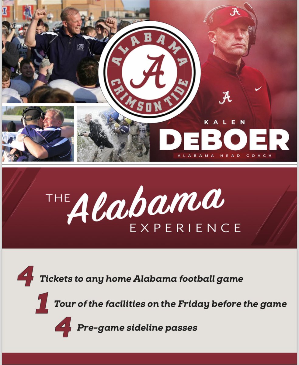 Coo Football Legacy Association (@coofblegacy) on Twitter photo “The Alabama Experience" was donated by Coach DeBoer which includes four tickets to ANY HOME Alabama football game, a tour of the facility on the Friday before the game, and four pregame sideline passes. Don’t miss your chance at this once in a lifetime opportunity. <a href="/USFCougarsFB/">USF Football</a> “The Alabama Experience" was donated by Coach DeBoer which includes four tickets to ANY HOME Alabama football game, a tour of the facility on the Friday before the game, and four pregame sideline passes. Don’t miss your chance at this once in a lifetime opportunity. <a href="/USFCougarsFB/">USF Football</a>