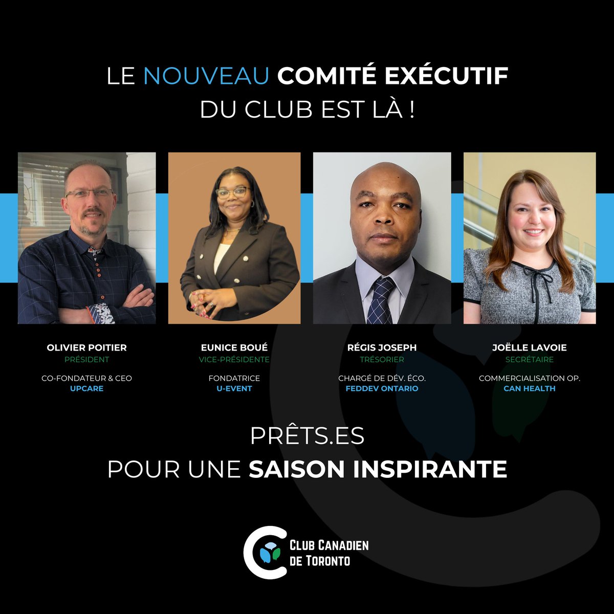 ClubCanadienTO's tweet image. 🎉 Découvrez le Comité Exécutif qui guidera notre Club pour la saison 2025-2026.
Ensemble, ils continueront à œuvrer pour l'excellence, la collaboration et l'innovation au sein de notre communauté.
#ClubCanadienToronto #NouveauCE #LeadershipFrancophone #Francophonie #Toronto