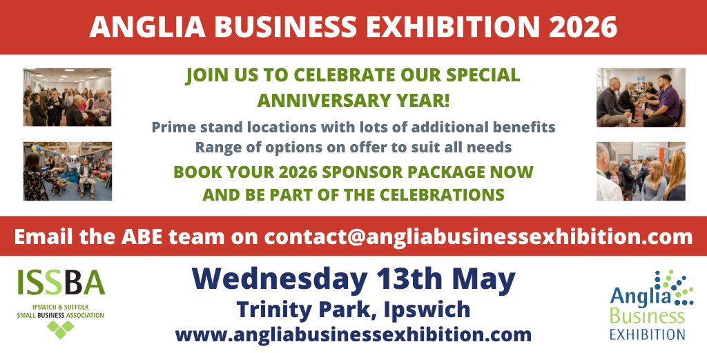 Anglia Business Exhibition (@anglia_business) on Twitter photo Could you be one of our valued sponsors for a special, anniversary year? Gain maximum exposure for your business by becoming a sponsor at the 30th anniversary of our region's premier B2B exhibition. Contact us now to find out more on contact@angliabusinessexhibition.com Could you be one of our valued sponsors for a special, anniversary year? Gain maximum exposure for your business by becoming a sponsor at the 30th anniversary of our region's premier B2B exhibition. Contact us now to find out more on contact@angliabusinessexhibition.com