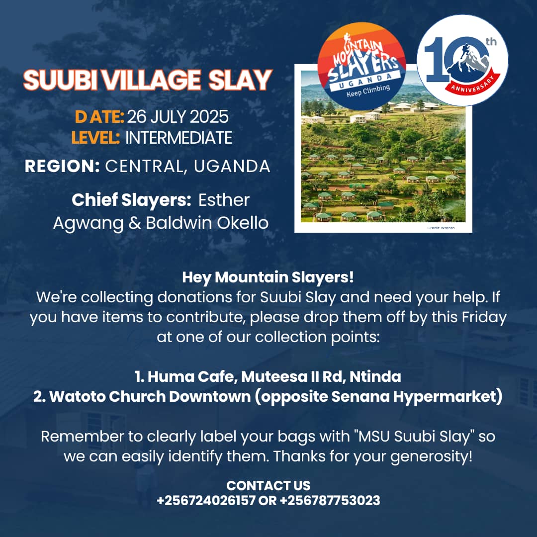 MtSlayersUg's tweet image. Hey Mountain Slayers! We're collecting donations for the #SuubiSlay and need your help.
If you have items to contribute, please drop them off by this Friday at one of our collection points:
1. Huma Cafe, Ntinda
2. Watoto Church Downtown (opposite Senana Hypermarket)
Remember…