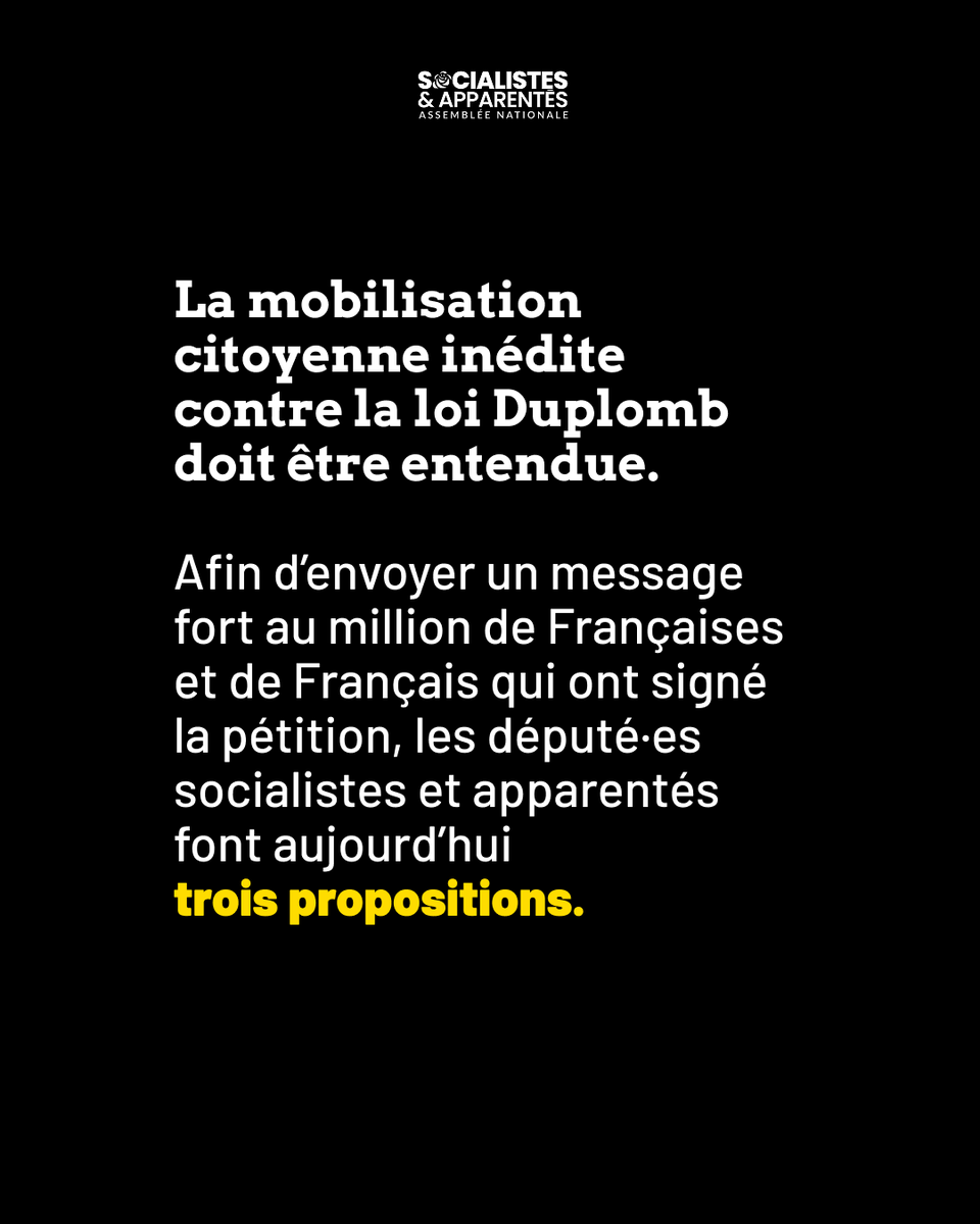 👏 La pétition contre la #LoiDuplomb vient d'atteindre 1 400 000 signatures !

Cette mobilisation citoyenne inédite doit être entendue.

Les député·es socialistes et apparentés formulent aujourd'hui trois propositions pour y répondre.

[🧵 1/4]