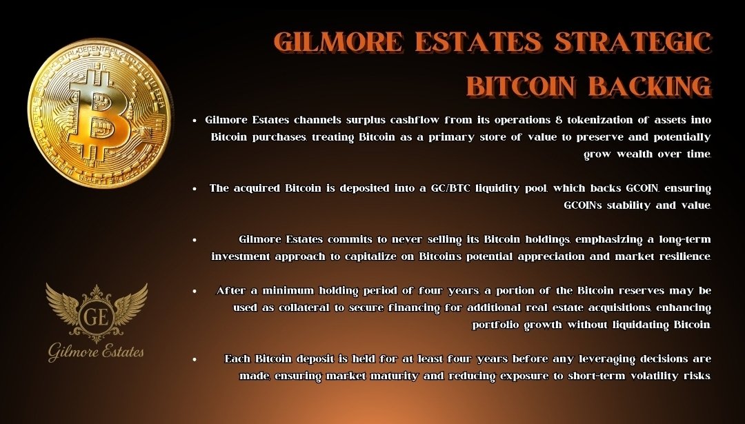 Gilmore Estates: Strategic Bitcoin Integration for Long-Term Value Creation 

Gilmore Estates is pioneering a forward-thinking approach to real estate investment by strategically integrating Bitcoin into its financial infrastructure, reinforcing the long-term 
strength of $GC and