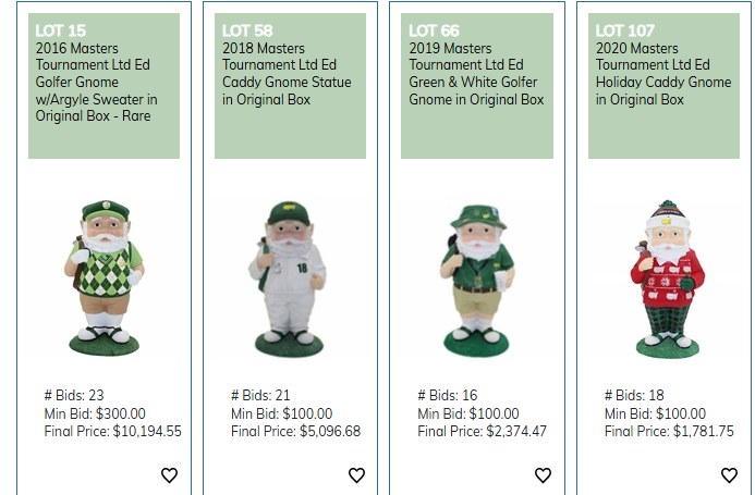RickRunGood's tweet image. You could have picked up the 2016, 2018, 2019, and 2020 Masters gnomes at auction last night and it would have only cost you a cool $19,447.