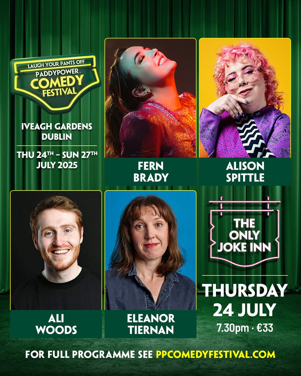 AikenComedy (@aikencomedy) on Twitter photo 📣 𝗧𝗛𝗘 𝗖𝗥𝗔𝗜𝗖 𝗦𝗧𝗔𝗥𝗧𝗦 𝗧𝗛𝗨𝗥𝗦𝗗𝗔𝗬 📣
Get ready to LOL with Fern Brady, <a href="/AlisonSpittle/">Alison Spittle</a>, <a href="/AliWoodsGigs/">Ali Woods</a> and <a href="/eleanortiernan/">Eleanor Tiernan</a> for a night of laughs and big energy at the Iveagh Gardens! 😅👌🏻
📌 The Only Joke Inn | 24 July
➡️ Grab tixs ~ bit.ly/4lDXHAe 📣 𝗧𝗛𝗘 𝗖𝗥𝗔𝗜𝗖 𝗦𝗧𝗔𝗥𝗧𝗦 𝗧𝗛𝗨𝗥𝗦𝗗𝗔𝗬 📣
Get ready to LOL with Fern Brady, <a href="/AlisonSpittle/">Alison Spittle</a>, <a href="/AliWoodsGigs/">Ali Woods</a> and <a href="/eleanortiernan/">Eleanor Tiernan</a> for a night of laughs and big energy at the Iveagh Gardens! 😅👌🏻
📌 The Only Joke Inn | 24 July
➡️ Grab tixs ~ bit.ly/4lDXHAe