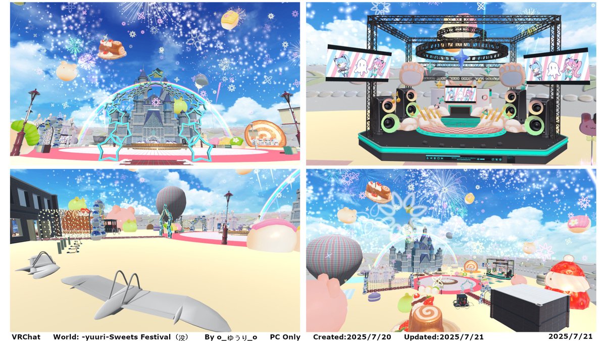 ankianokoubou's tweet image. #VRChatワールド紹介 #VRChat_World紹介
vrchat.com/home/world/wrl…
空がにぎやかな感じでステージなどある夢の国風なワールド。バイク的ギミックや飛行ギミックで周遊してみるのもよいかも。約一ヶ月の期間限定公開とのこと。
World: -yuuri-Sweets Festival(没)
By o_ゆうり_o
PC Only
#VRChat