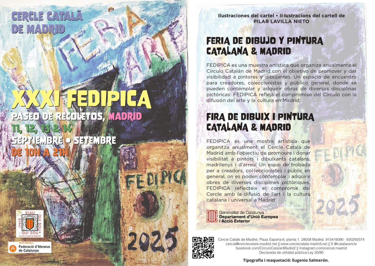 🎨#XXXIFEDIPICA #FEDIPICA2025
📅 11, 12, 13 &amp; 14 de septiembre · setembre
🕙 De 10h a 21h
📍Paseo de Recoletos #Madrid
🧑🏻‍🎨 Cartell de #PilarLavillaNieto (Il·lustracions) &amp; #EugenioSalmerón (Tipografia i maquetació)
ℹ️ cerclecatala-madrid.net/esdeveniment/f…