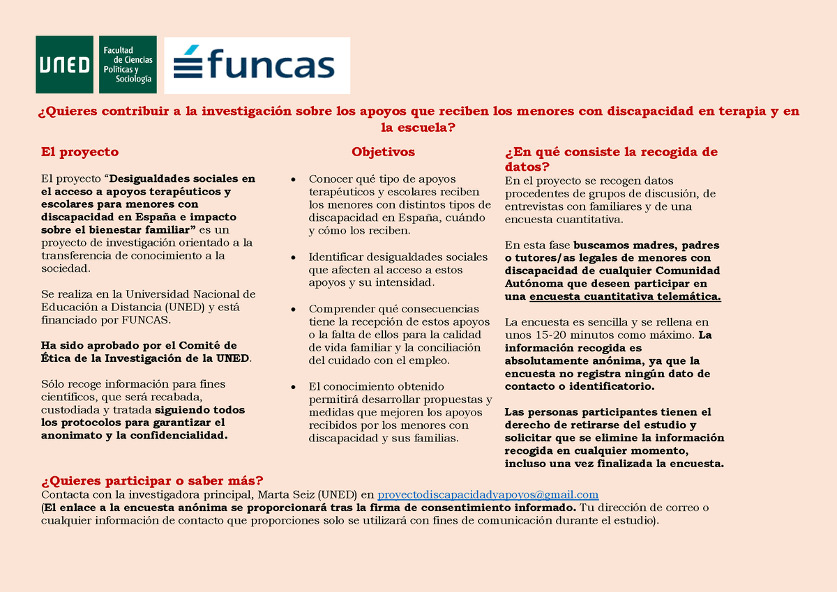 Madres/padres/tutores legales de menores con #discapacidad: os necesitamos para terminar proyecto (UNED-Funcas)sobre apoyos terapéuticos y educativos con encuesta a nivel NACIONAL (todas CCAA). Para participar escribid al correo que aparece en material informativo👇. Difusión🙏