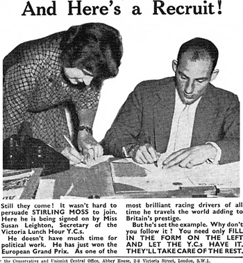 LeeDavidEvansUK's tweet image. In 1956 Stirling Moss - the British Grand Prix winner - joined the Young Conservatives.
Delighted by their star recruit, the party produced a leaflet/membership form featuring Moss.
'He's set the example. Why don't you follow it? it asked.