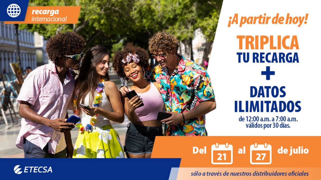 ✨ Ya está disponible la promo ✨
Recarga con nuestros distribuidores oficiales.
Todos los detalles en etecsa.cu 🔗
#RecargaInternacional
