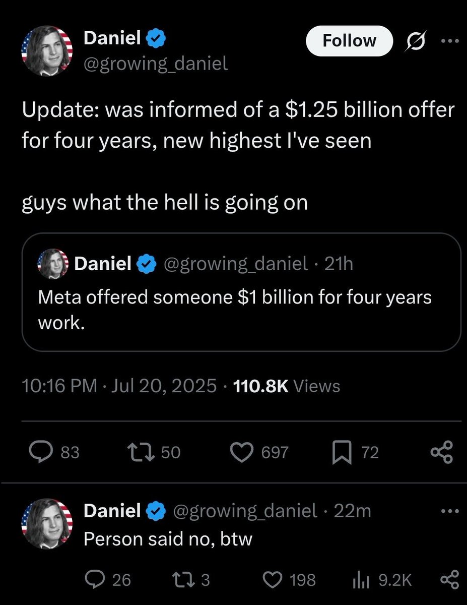 bmgentile's tweet image. at this "level" — assuming $1.25B is true — it's less about the skillset of this individual... it's investment a highly respected industry leader which attracts the smartest people in the industry; it's a $1.25B investment in recruiting
