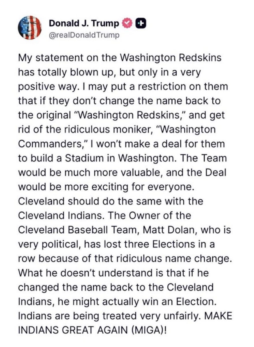 RichardHanania's tweet image. Trump says if the Washington Commanders don’t change their name back to Redskins, he may not “make a deal for them to build a Stadium (sic) in Washington”
If you consider yourself pro-free speech and are still supporting this man on that basis, you should be ashamed of yourself.