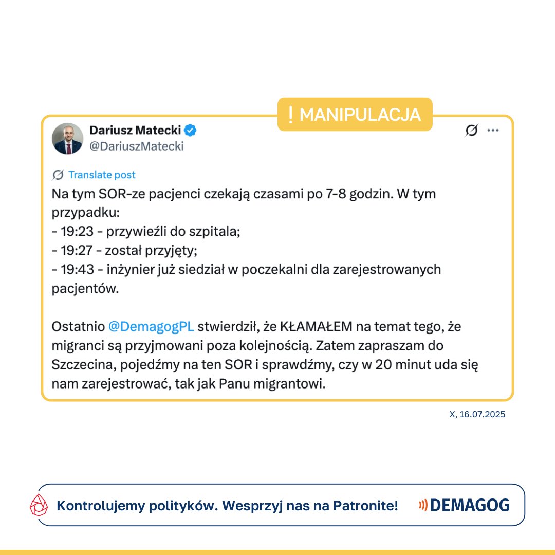DemagogPL's tweet image. 🔎 Ostatnio oceniliśmy wypowiedź @DariuszMatecki dotyczącą pierwszeństwa migrantów w kolejce do lekarzy jako ❌ #fałsz.
🗣️ Tym razem sprawdzamy jego wpis, na którym widać osobę w towarzystwie dwóch funkcjonariuszek @Straz_Graniczna. Miała ona zostać przyjęta na szpitalnym…