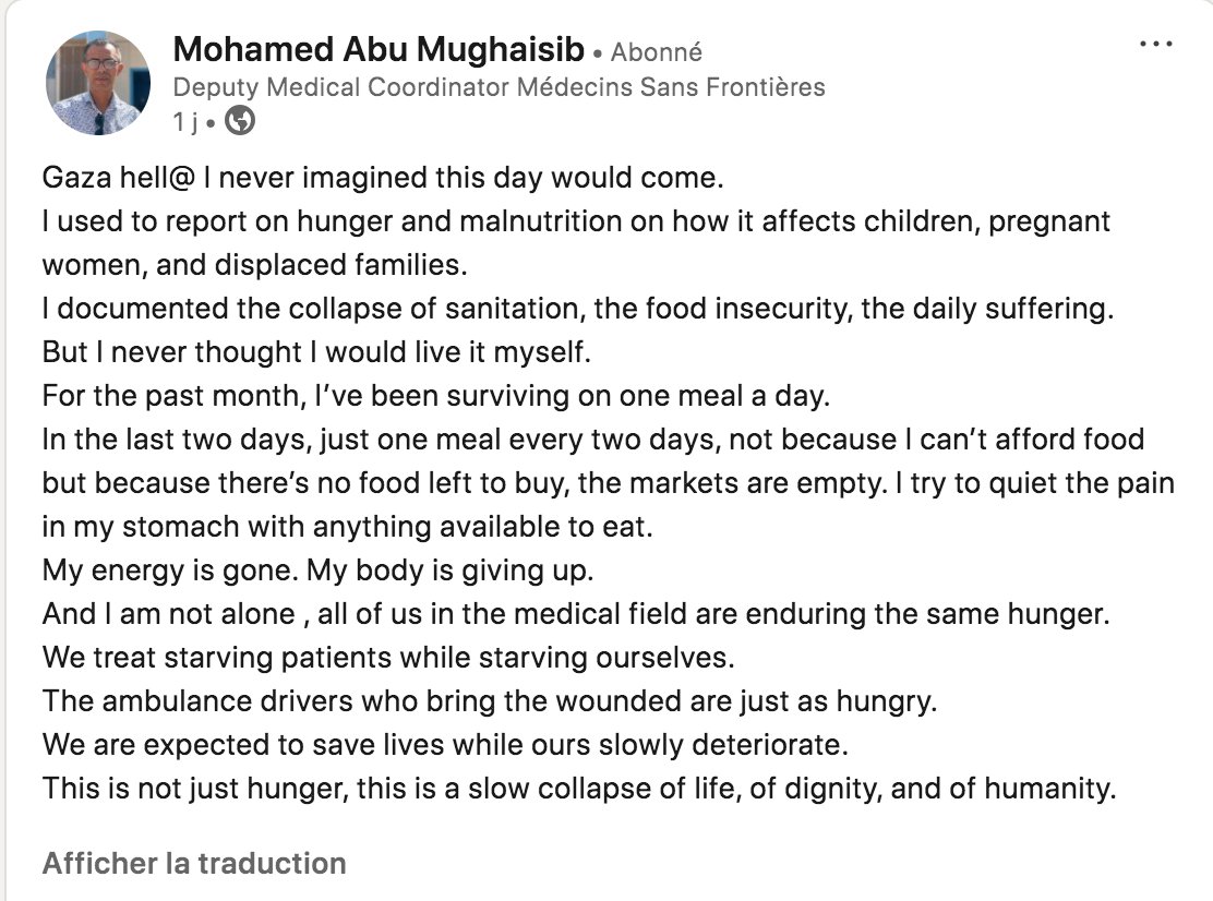 🔴🚨 Le coordinateur de Médecins sans frontières à Gaza, Mohamed Abu Mughaisib : 

« Bonjour,

je n’aurais jamais imaginé que ce jour viendrait.

J’avais l’habitude de faire des rapports sur la faim et la malnutrition sur la façon dont elles affectent les enfants, les femmes