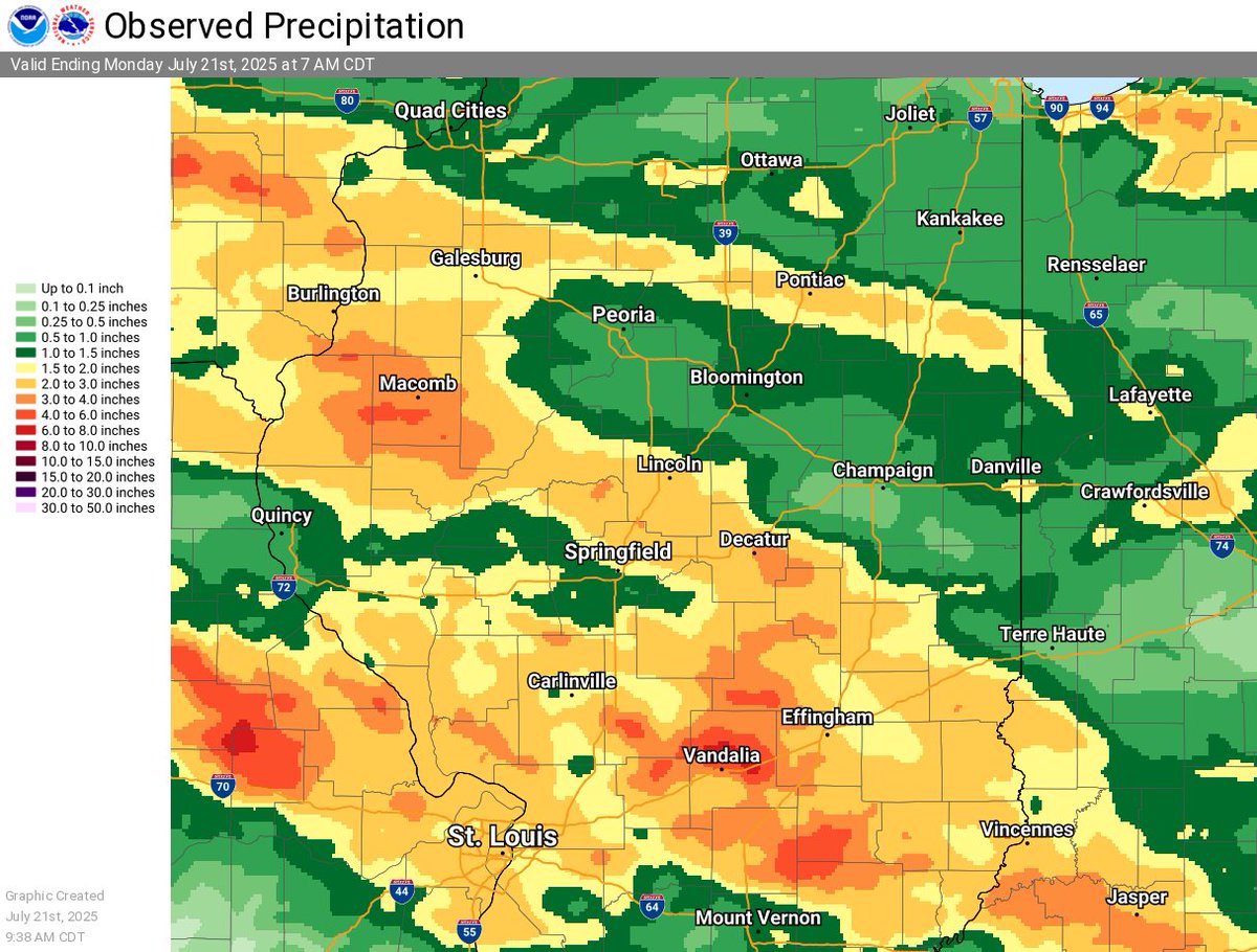 NWSLincolnIL's tweet image. Here's a look at how much rain has fallen over the last 3 days. While there was an area from Peoria southeast through Champaign that had lesser amounts, totals over an inch were common. Select areas saw 4-6" or more from Macomb to west of Effingham. #ILwx