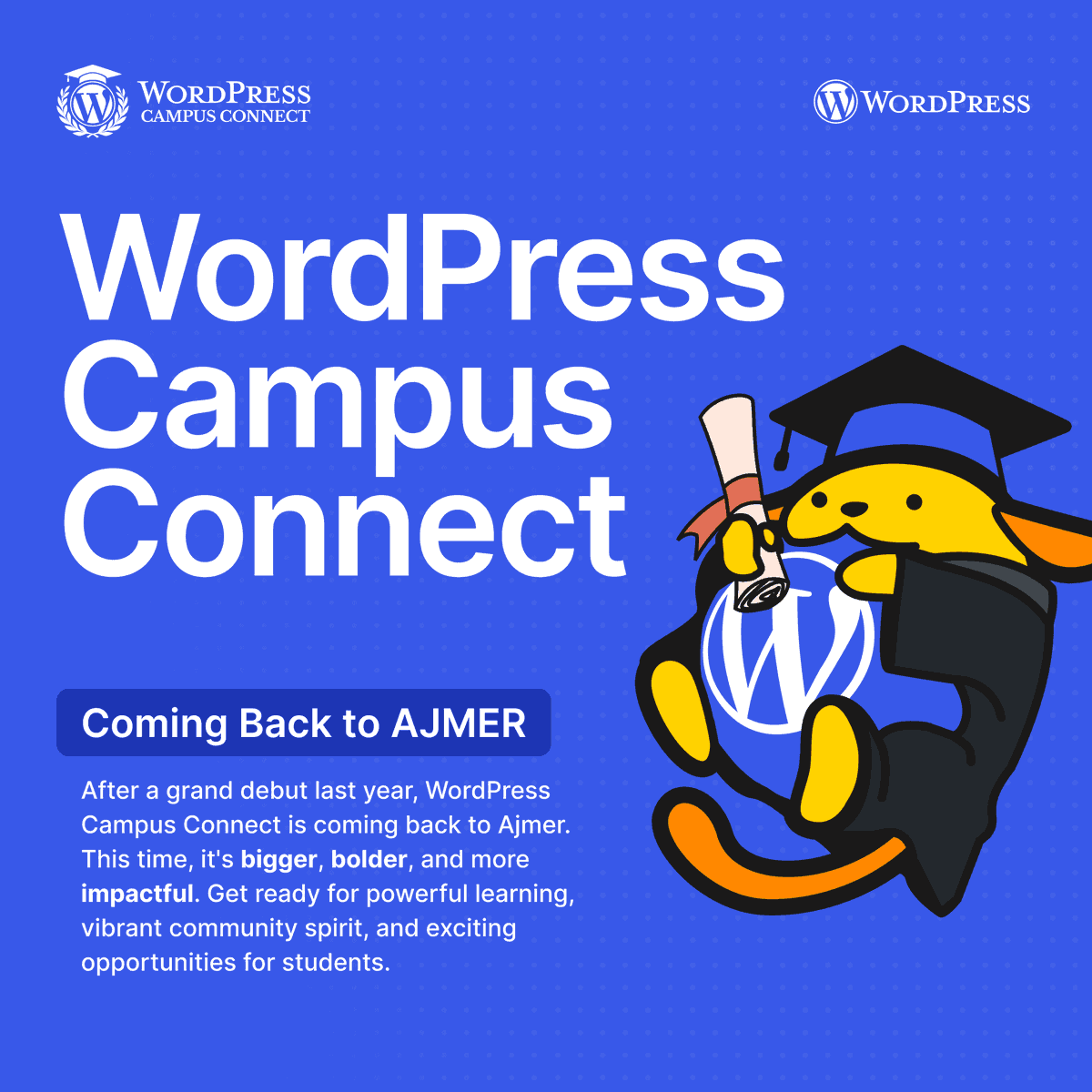 WPAjmer's tweet photo. ๐ After a successful debut last year, weโre back to empower students with hands-on learning, open-source skills, and community energy.
Stay tuned for highlights, updates & more!
https://t.co/35Q4JNm50t
#WPAjmer #WordPress #WPCampusConnect https://t.co/DGVHwhVyBs