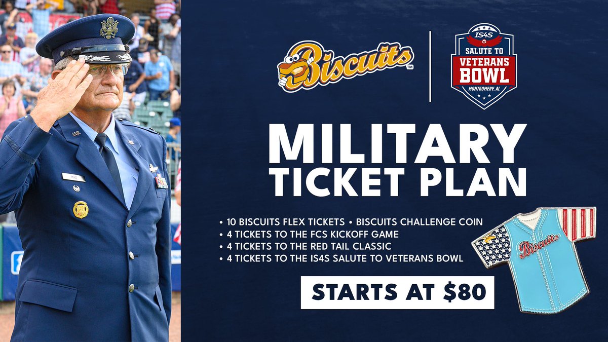 BiscuitBaseball's tweet image. Our Military Ticket Package doesn’t stop with baseball season! 🇺🇸
Take advantage of sporting events in Montgomery all summer and fall! Plans start at $80+ tax. Visit link below or call 334-819-7466!
More Info: milb.com/montgomery/tic…