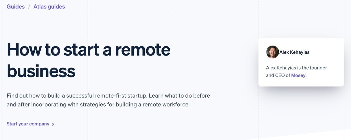 Yasser (@yasser_elsaid_) on Twitter photo I just discovered the best guide for starting a remote company in the US.
I wish I saw this before starting chatbase.
<a href="/atlas/">Stripe Atlas</a> guides is a gold mine. I just discovered the best guide for starting a remote company in the US.
I wish I saw this before starting chatbase.
<a href="/atlas/">Stripe Atlas</a> guides is a gold mine.