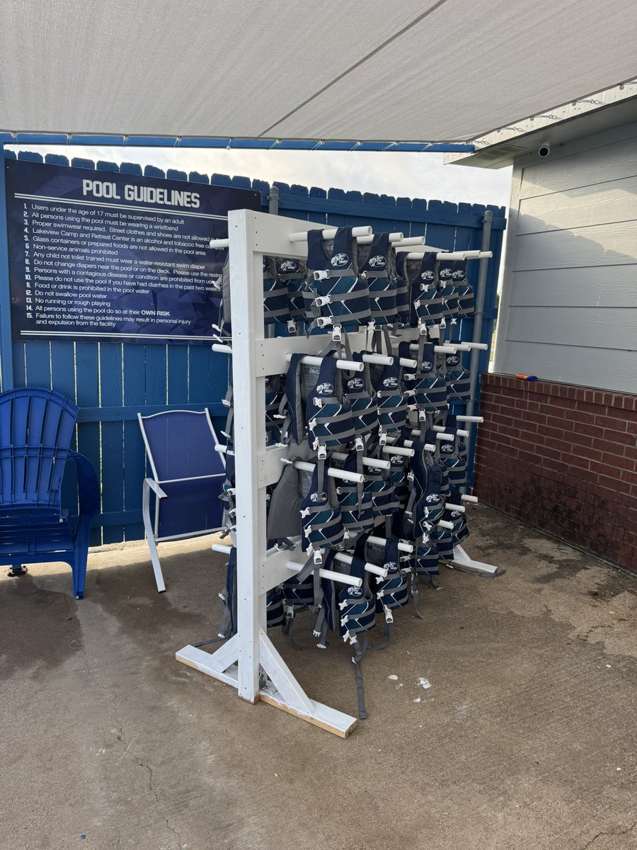 TParaclete's tweet image. My Director said. Can you design something to hold 50 life jackets each? Then you throw together these racks made out of material left in the wood shop. 🛟💪🏻👊🏻
