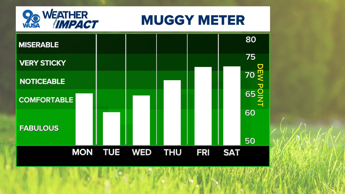 wusaweatherman's tweet image. Comfort express is headed our way! Dewpoints in the 50s mean a nice feel for especially Tuesday... and its right on the doorstep! Get ready for some unseasonably comfortable July weather for the first half of the week. Humidity and heat return by Thursday. #WUSA9Weather @WUSA9