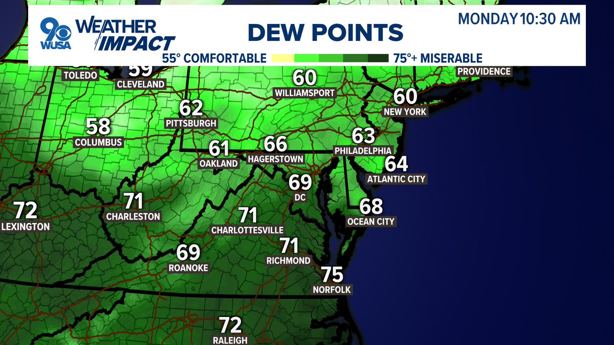 wusaweatherman's tweet image. Comfort express is headed our way! Dewpoints in the 50s mean a nice feel for especially Tuesday... and its right on the doorstep! Get ready for some unseasonably comfortable July weather for the first half of the week. Humidity and heat return by Thursday. #WUSA9Weather @WUSA9