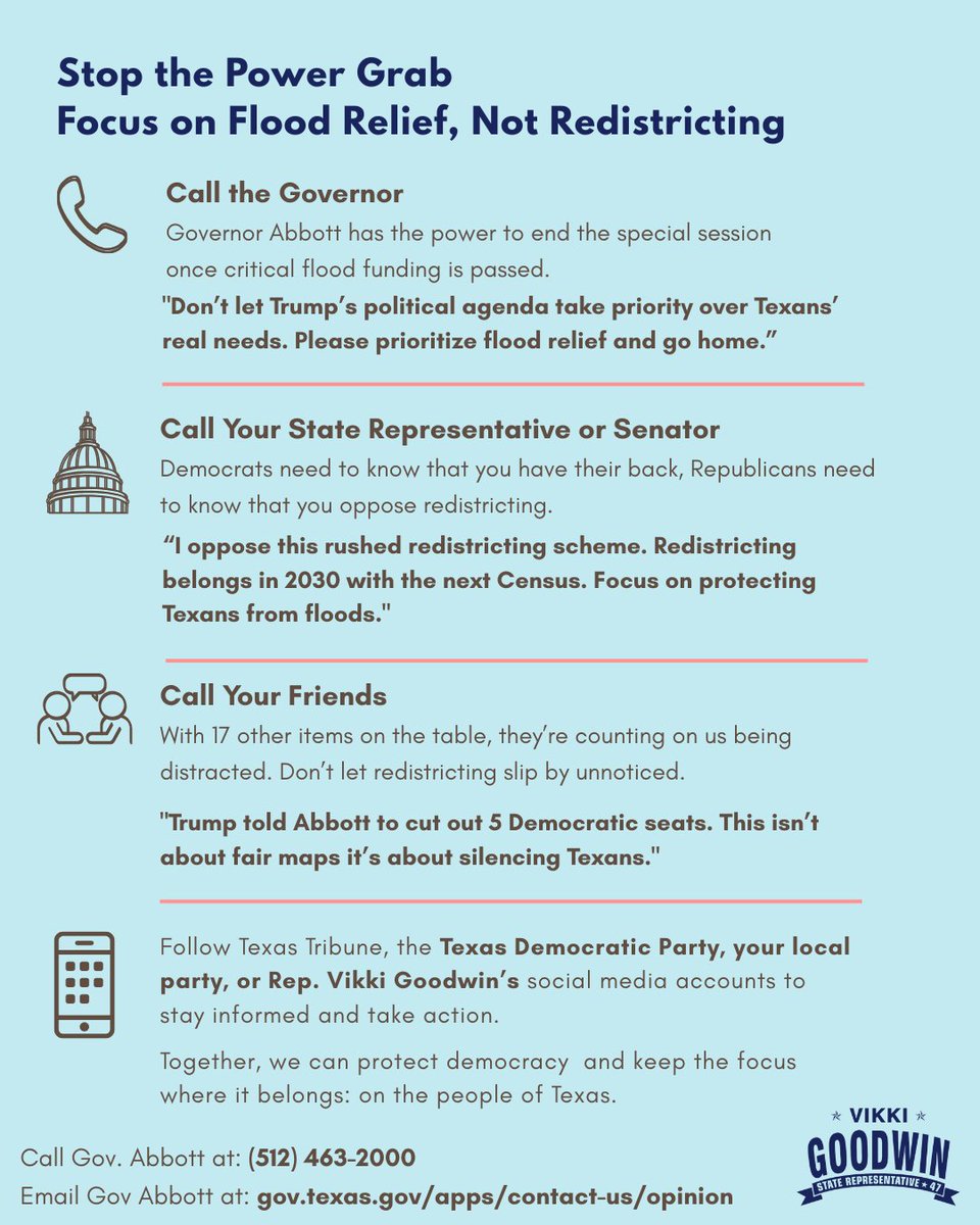 VikkiGoodwinTX's tweet image. With communities still recovering from devastating floods, this special session should prioritize disaster relief, not redistricting schemes. Texans should call Governor Abbott to focus on helping flood-affected families and communities. The people of Texas deserve better than…
