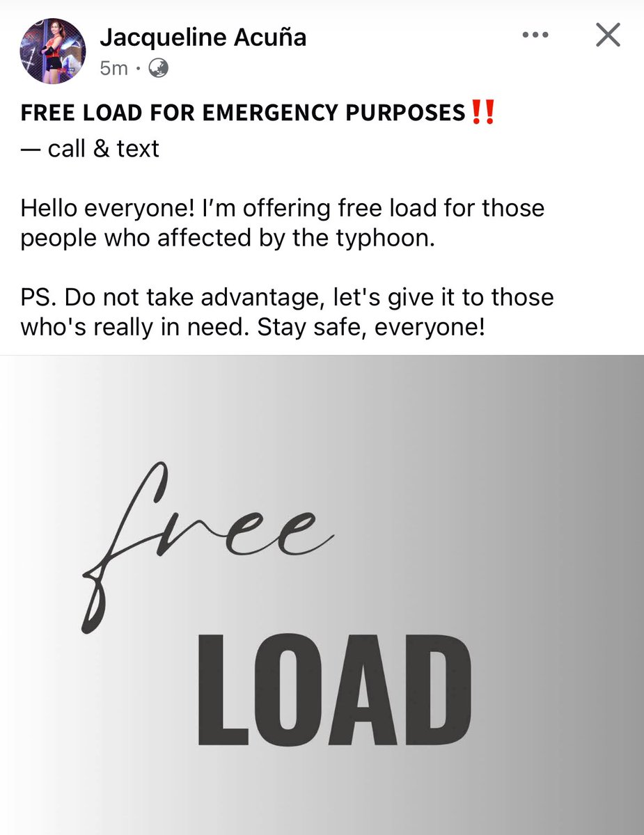 allforyouRAD's tweet image. grabe generous ate @jacquelineAcun, kaya deserve lahat ng blessings eh! 🙌🏻
FREE LOAD FOR EMERGENCY PURPOSES ‼️ (PM : Jacqueline Acuña FB)