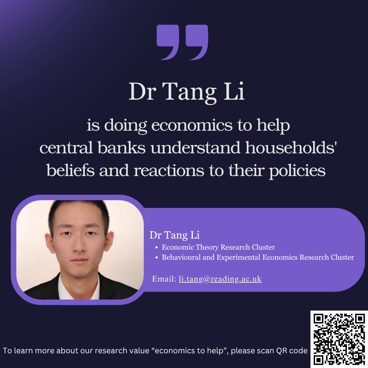 UoREconomics's tweet image. In this week, we are glad to have Dr Li Tang in our spotlight.
Li is doing economics to help central banks understand households' beliefs and reactions to their policies.
Please see more information on his personal website here: sites.google.com/view/litang2020
