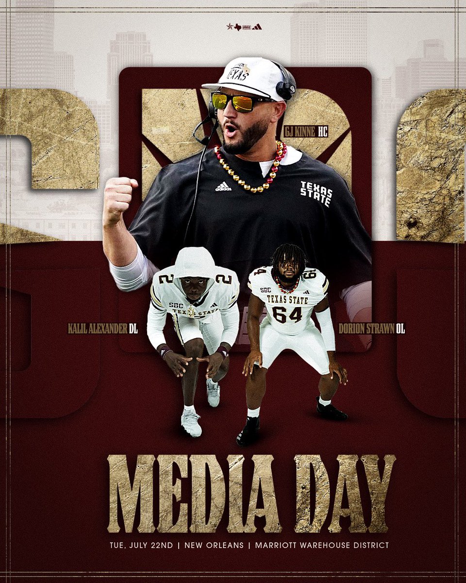 TXSTATEFOOTBALL's tweet image. Lights on. Mics up. Sun Belt Media Day๐
#EatEmUp