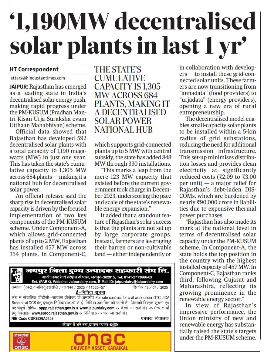 #Rajasthan has commissioned 1305 MW of decentralised solar capacity under #PMKUSUM yojana 

#GreenEnergy 
#EmpoweringFarmers