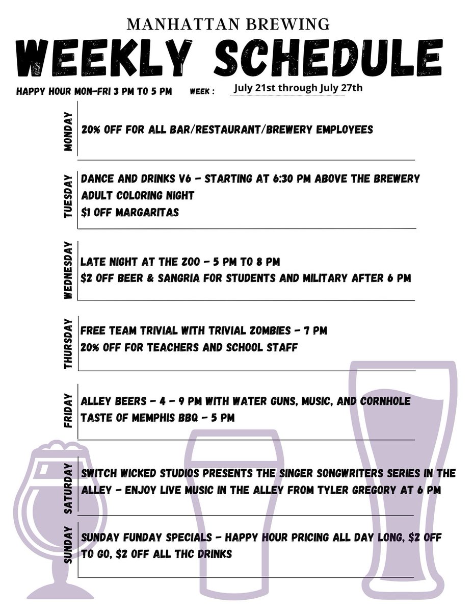 manhattanbrew's tweet image. You are SOOO Hot Right now....you should probably get a beer.
The dog days are officially here and it's hot! Cool off with a pint of deliciousness at MBC, you deserve it.
Check out what all we have going on this week!
⬇️⬇️⬇️
🌟Monday - 20% off for bar/restaurant/brewery…