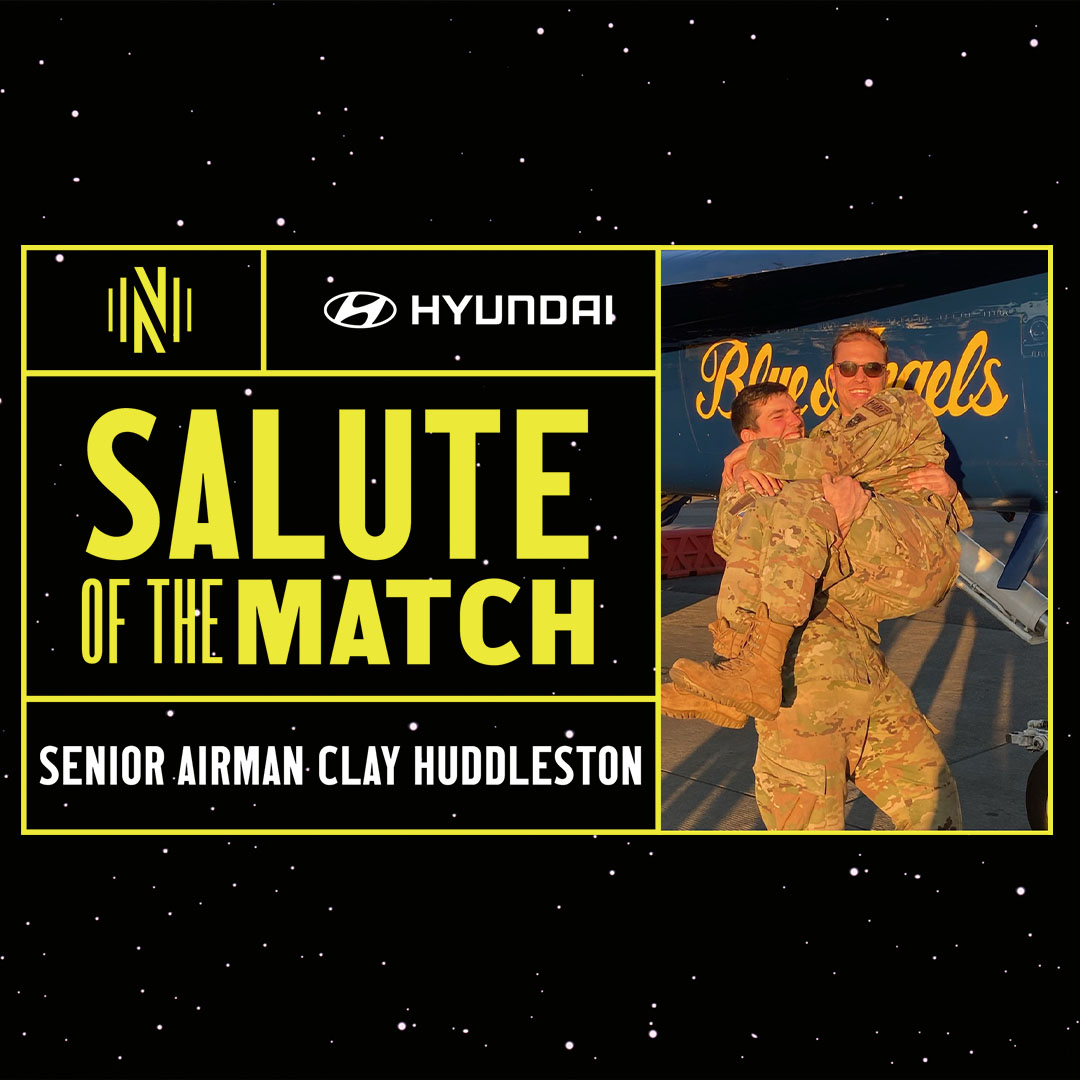 NashvilleSC's tweet image. Prior to Saturday's match, we honored Senior Airman Clay Huddleston of the United States Air Force with our @Hyundai Military Salute 🫡