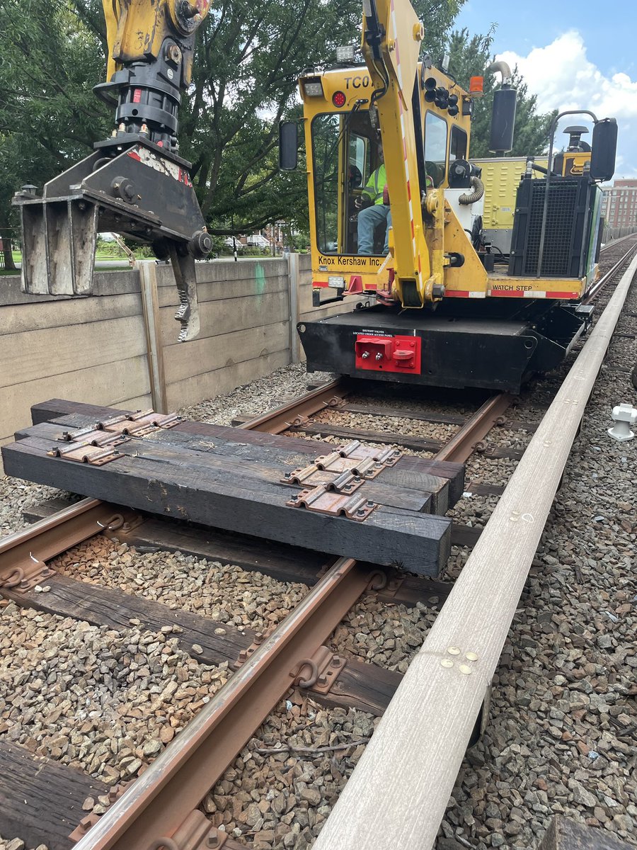 wmata's tweet image. Blue Line major construction wraps up on Saturday, July 26! Here’s our structure team performing vegetation control & replacing crossties. Ties support rails, hold them upright, & keep them spaced to maintain the correct gauge. Blue Line service returns to normal on July 27.