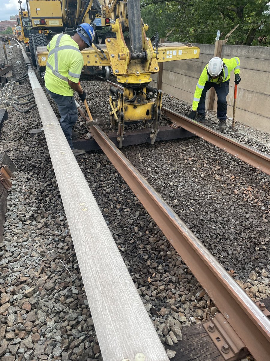 wmata's tweet image. Blue Line major construction wraps up on Saturday, July 26! Here’s our structure team performing vegetation control & replacing crossties. Ties support rails, hold them upright, & keep them spaced to maintain the correct gauge. Blue Line service returns to normal on July 27.
