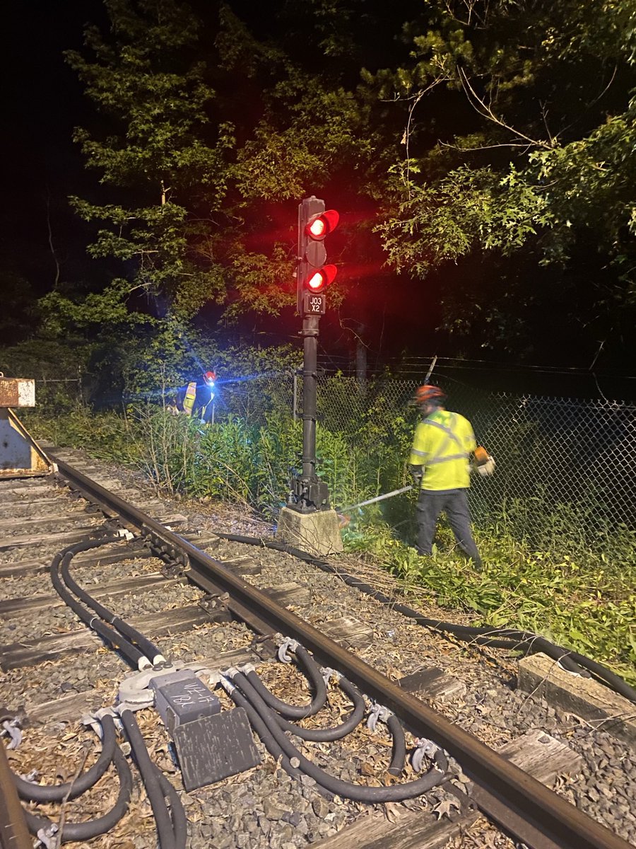 wmata's tweet image. Blue Line major construction wraps up on Saturday, July 26! Here’s our structure team performing vegetation control & replacing crossties. Ties support rails, hold them upright, & keep them spaced to maintain the correct gauge. Blue Line service returns to normal on July 27.