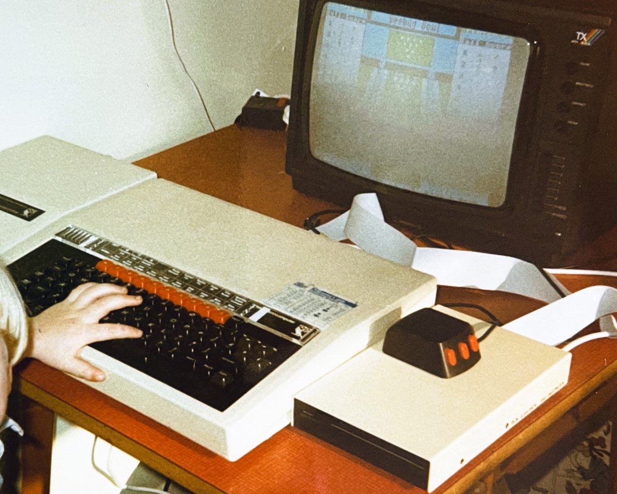 daveac's tweet image. Memory Image: My son on a BBC B Computer, RGB TV/Monitor, Floppy Disc Drive &amp;amp; Teletext Adapter &amp;amp; 3-Button mouse - our family home Computer System of 40 years ago - Mid 1980&apos;s! On the screen a &apos;Ten Pin&apos; type Bowling Game downloaded via Teletext #memory #BBCComputer #HomeComputing