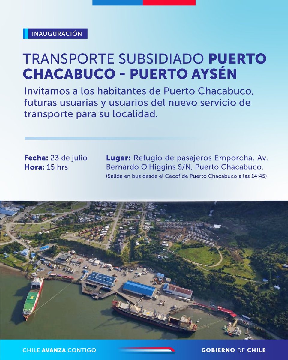 MTTAysen's tweet image. 🚍¡PRONTO! Inauguraremos subsidio de transporte Puerto Chacabuco - Puerto Aysén 😃

📅 Los esperamos este 23 de julio a las 15 hrs. en el terminal de pasajeros de Emporcha. 
Tenemos traslado gratuito al lugar, que partirá desde el CECOSF a las 14:45 hrs.

#ChileMejorConectado