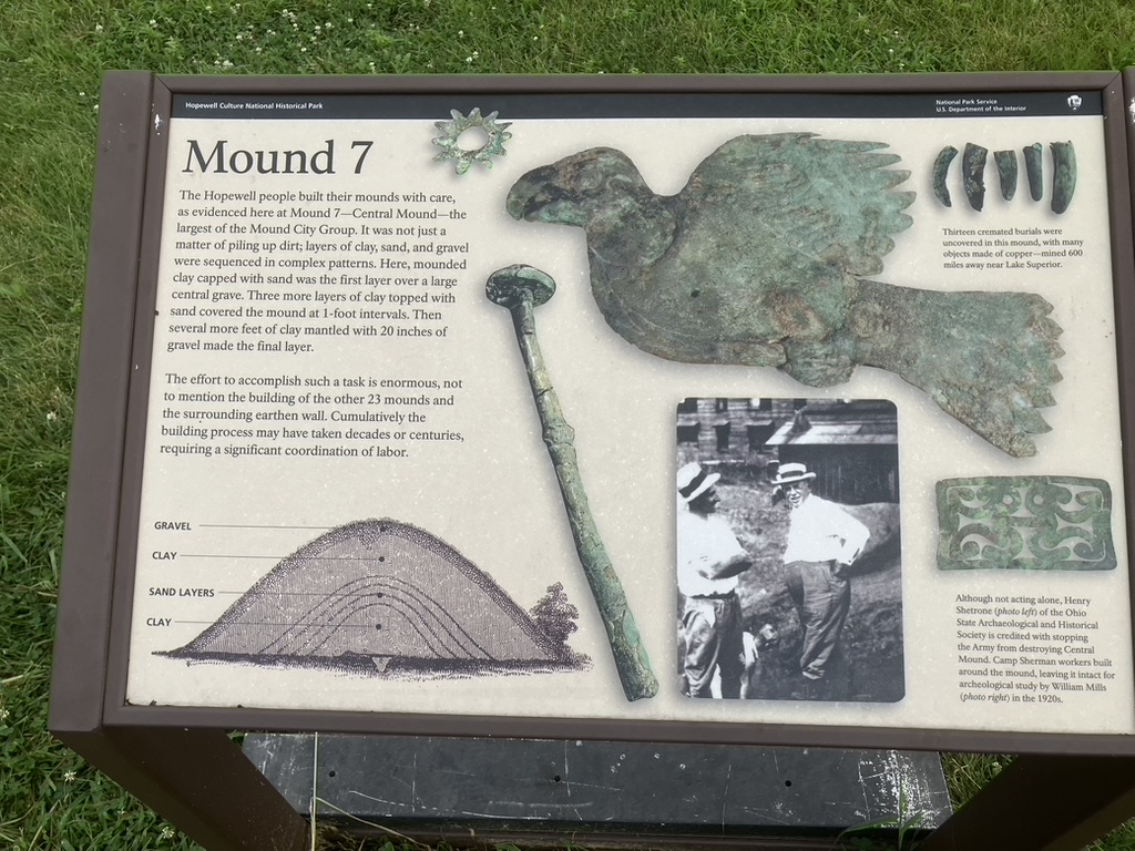 DrGregLittle2's tweet image. Display sign at Mound 7 in Mound City, Chillicothe, Ohio. The copper artifacts shown on the sign were excavated from the site. The "wand" in the middle was a wood stick covered with copper. A copper mushroom effigy was affixed to the end of the wand.