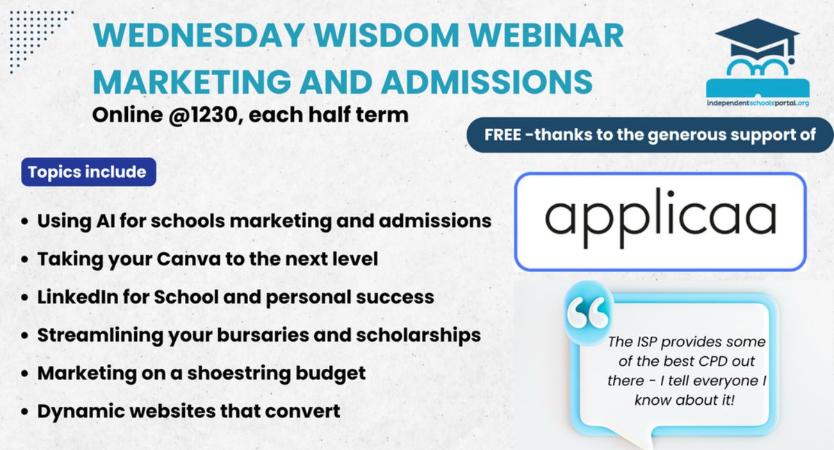 Independent Schools Portal (@isp_edu) on Twitter photo Our marketing and leadership FREE webinar series, kindly sponsored by Brightcore Training & Consultancy and Applicaa are now open for bookings.
Please do get yourself signed up!
School Leaders: independentschoolsportal.org/webinars-for-s…
Marketeers/Admissions: independentschoolsportal.org/webinars-for-s… Our marketing and leadership FREE webinar series, kindly sponsored by Brightcore Training & Consultancy and Applicaa are now open for bookings.
Please do get yourself signed up!
School Leaders: independentschoolsportal.org/webinars-for-s…
Marketeers/Admissions: independentschoolsportal.org/webinars-for-s…