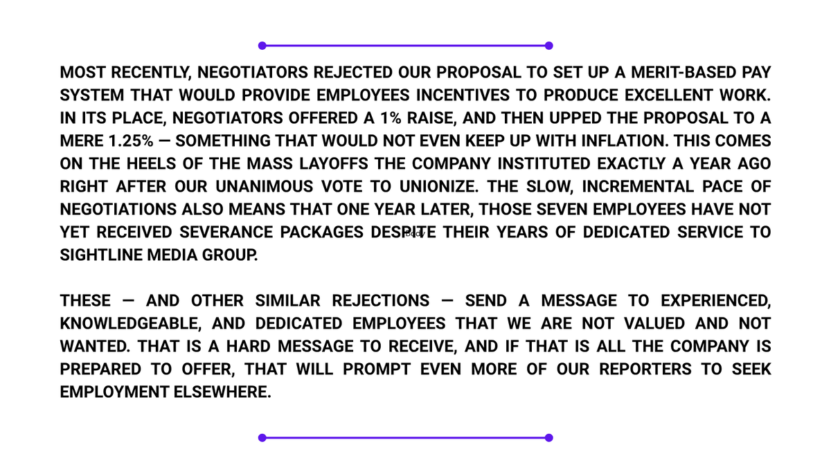 SightlineUnion's tweet image. Two weeks ago, we sent our CEO Michael Reinstein this letter asking him to come to the table to negotiate directly with us. We received no response, so are releasing it publicly. We renew our call for direct negotiations with our CEO to produce a fair and equitable contract. 1/2