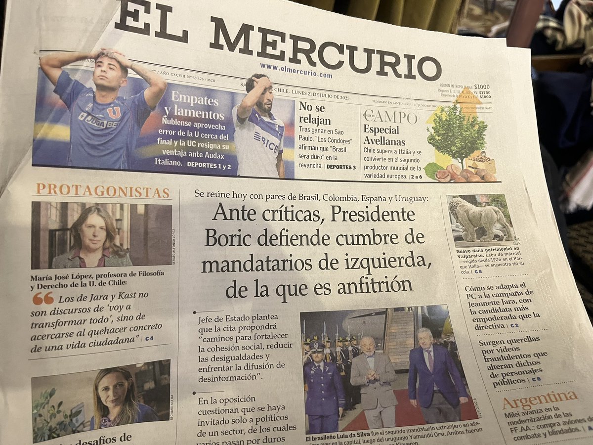 horizontemulti's tweet image. El conservador diario El Mercurio de Chile coloca en tapa la polémica por esta reunión que agrupa a líderes y colectivos progresistas. La califica como “de izquierda “ y presentan opiniones de la oposición . En días comienza la campaña electoral y la derecha es favorita