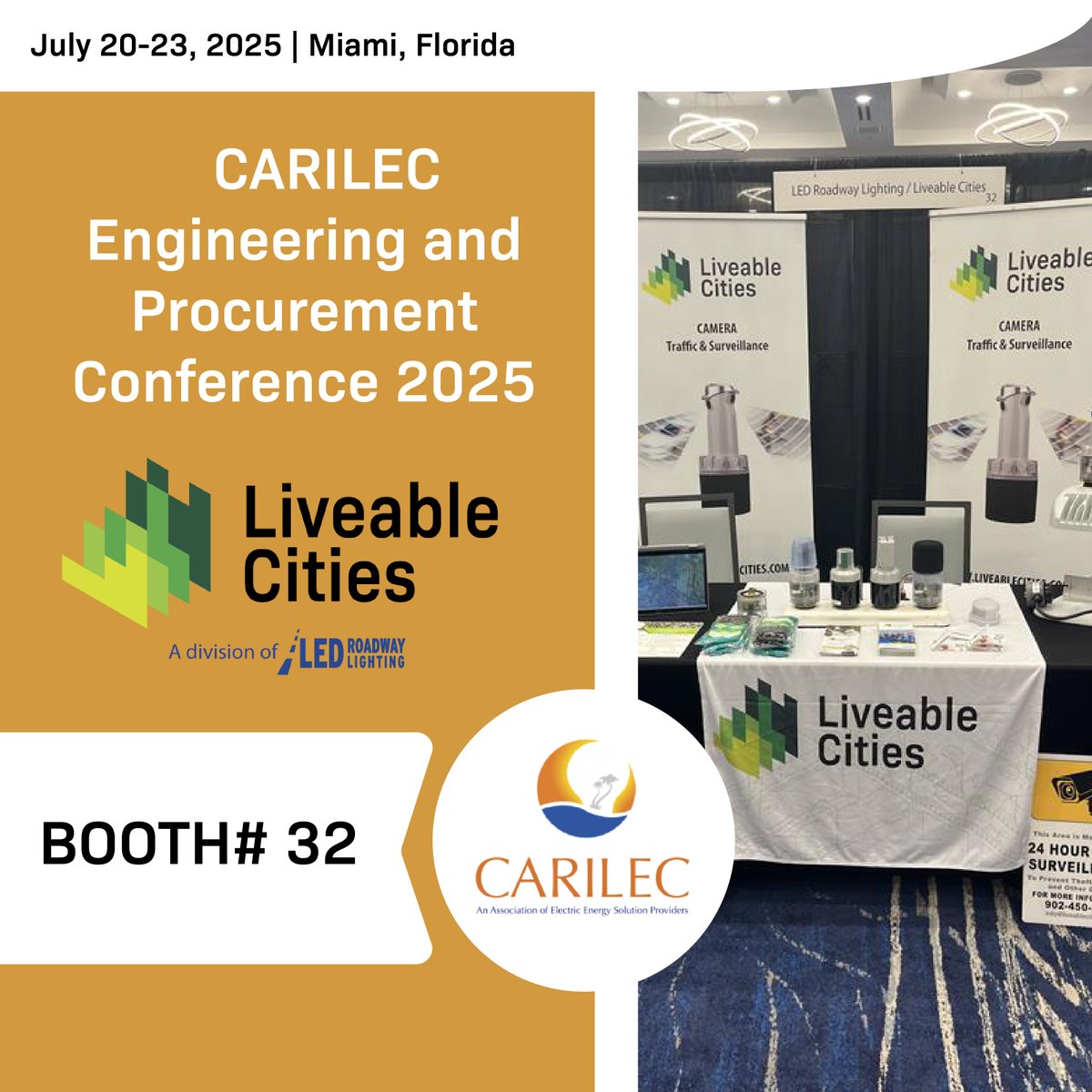 Liveable Cities is at the CARILEC Engineering &amp; Procurement Conference in Miami!

📍 Booth #32 at Hilton Miami Downtown
📅 We’re here until July 23

Stop by to talk smart cities, sustainability &amp; innovation!

🔗 carilec.org/event/engineer…
#CARILECEngineering2025